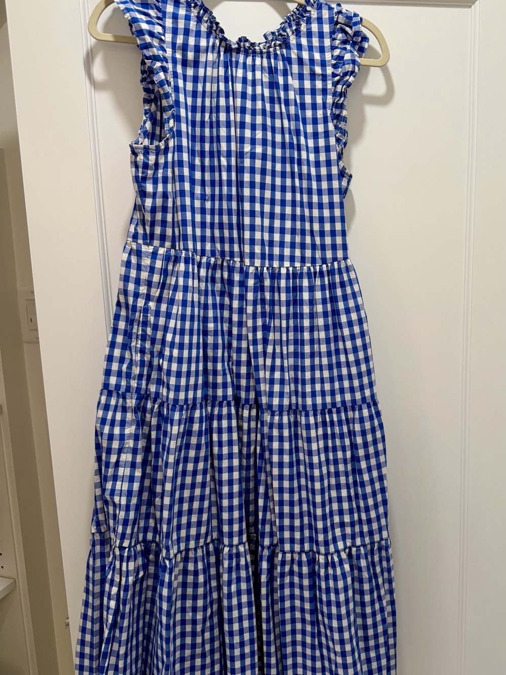 J. Crew Blue and White Gingham Tiered Ruffle Dress